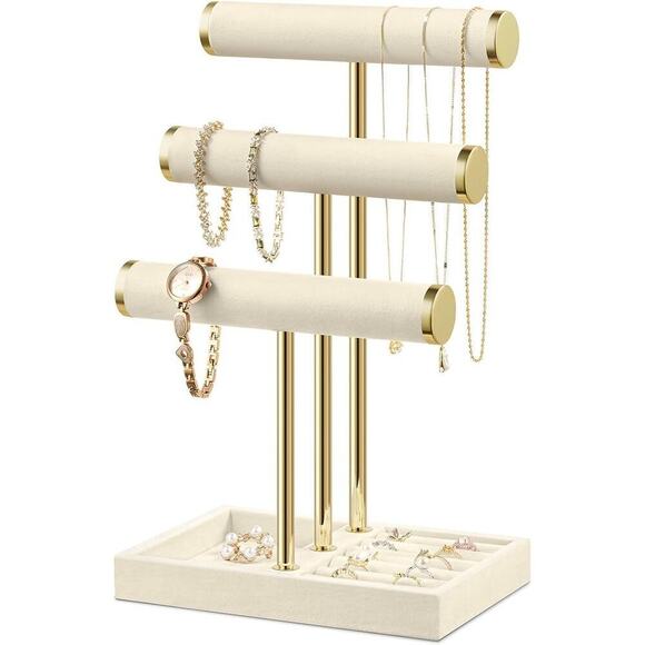 Bracelet Holder Jewelry Organizer Display - 3 Tier T Bar  Jewelry Organizer Women Beige 3 Tier Velvet Bracelet Watch Display Stand